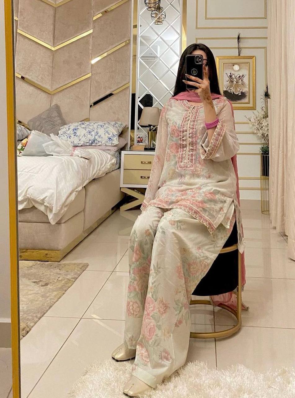 Designer Party Wear Pure Chiffon Georgette Top and Farshi Palazzo Set with Dupatta