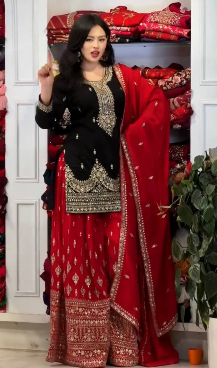 Full Embroidered Chinon Silk Suit Set with Sequins and Matching Dupatta