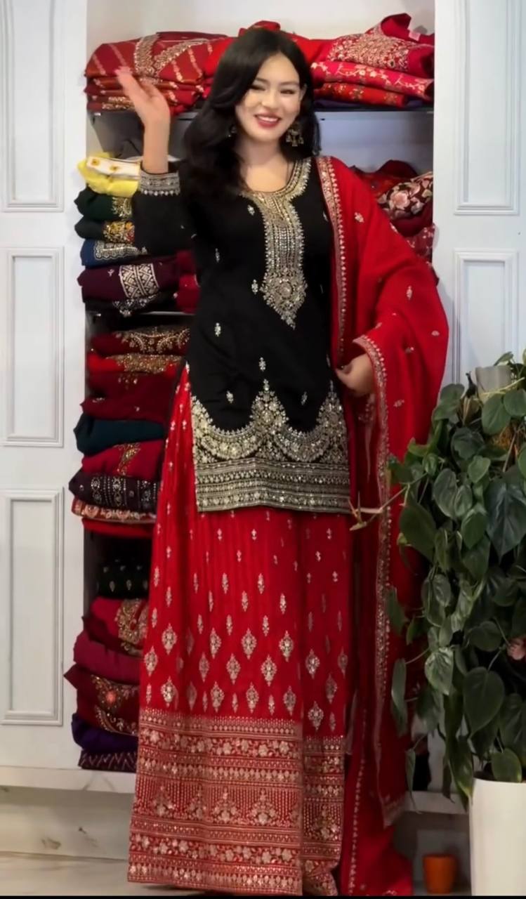 Full Embroidered Chinon Silk Suit Set with Sequins and Matching Dupatta