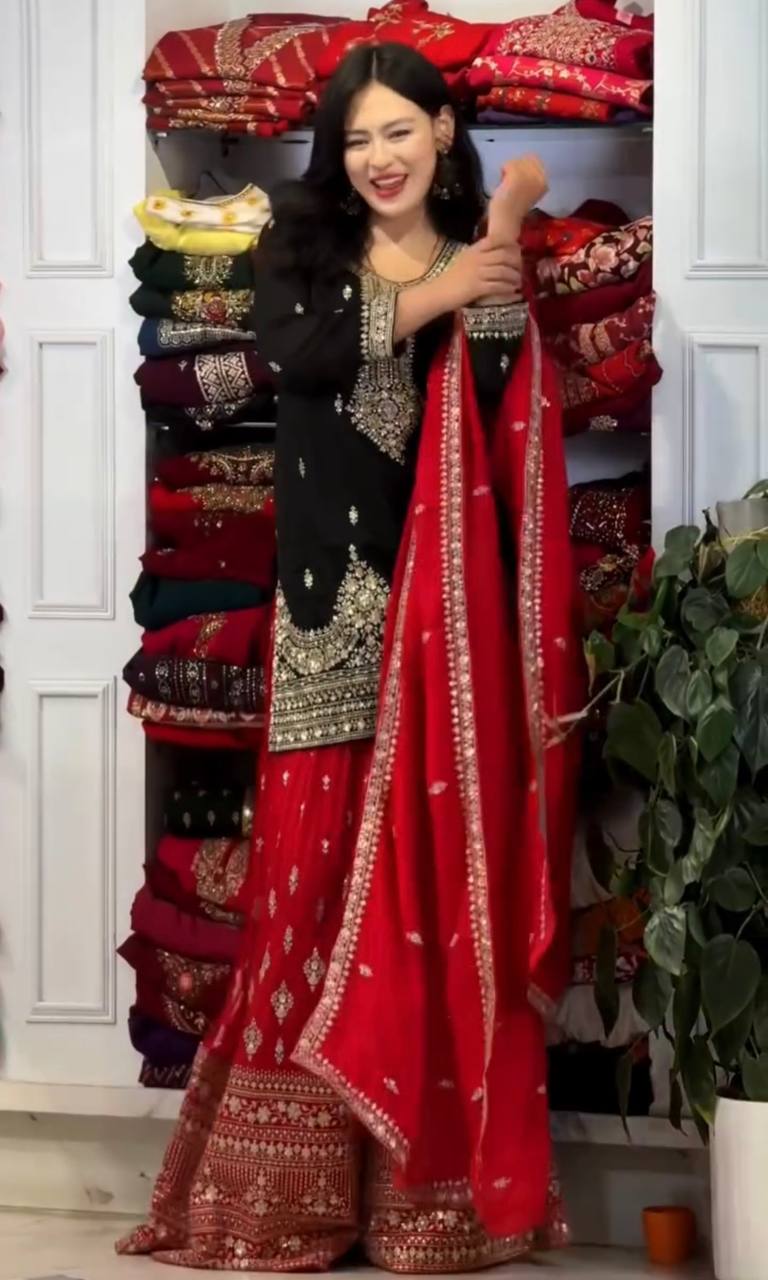 Full Embroidered Chinon Silk Suit Set with Sequins and Matching Dupatta