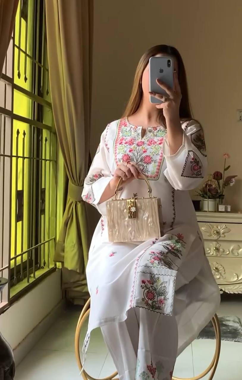 Premium Heavy Rayon Silk Suit Set with Embroidered Top and Palazzo