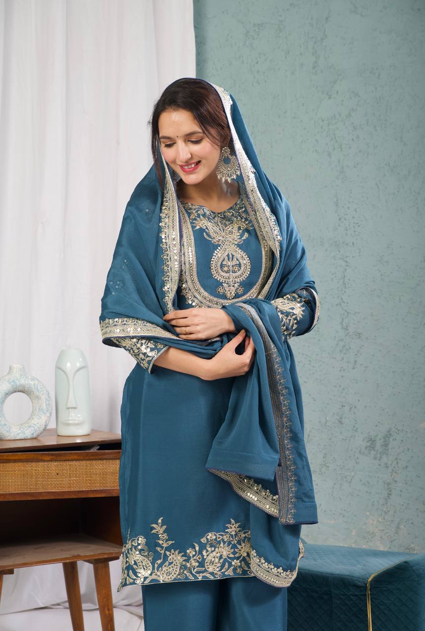Graceful Pure Chinnon Silk Ensemble Showcasing Heavy All-Over Coding Sequin Embroidery Work
