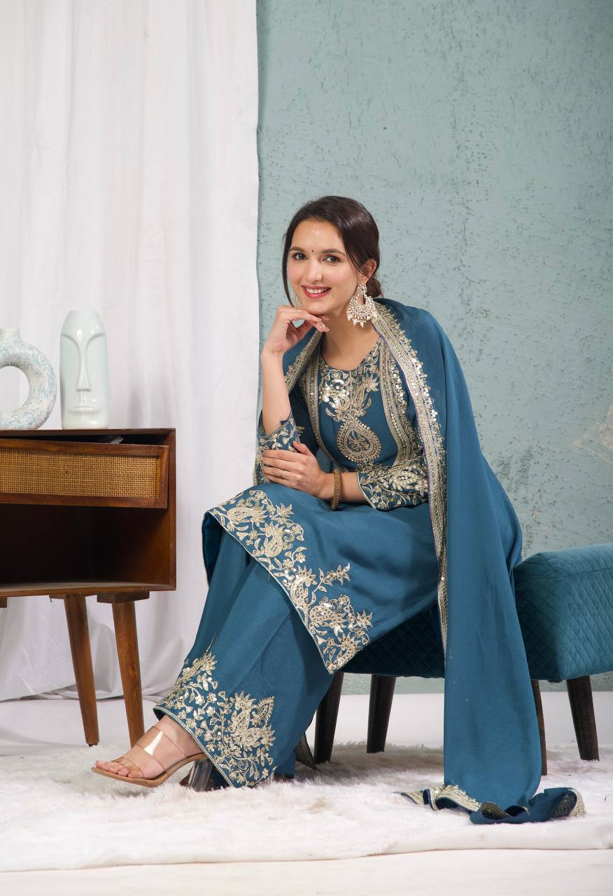 Graceful Pure Chinnon Silk Ensemble Showcasing Heavy All-Over Coding Sequin Embroidery Work
