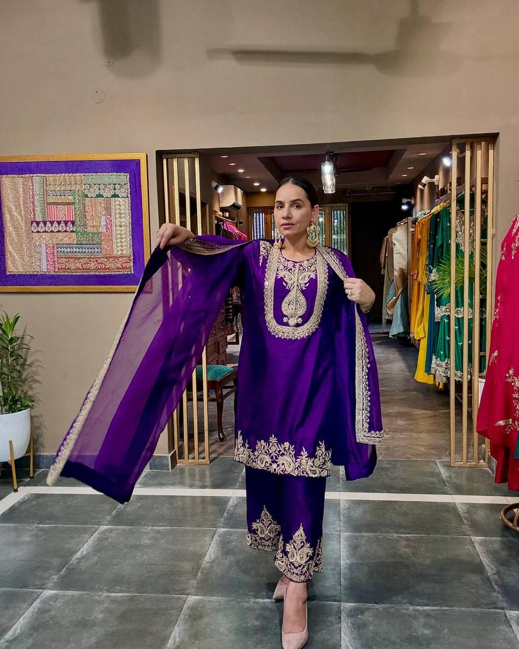 Graceful Pure Chinnon Silk Ensemble Showcasing Heavy All-Over Coding Sequin Embroidery Work