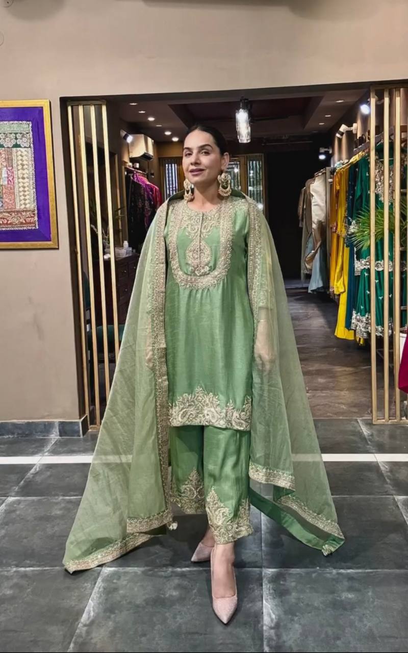 Graceful Pure Chinnon Silk Ensemble Showcasing Heavy All-Over Coding Sequin Embroidery Work