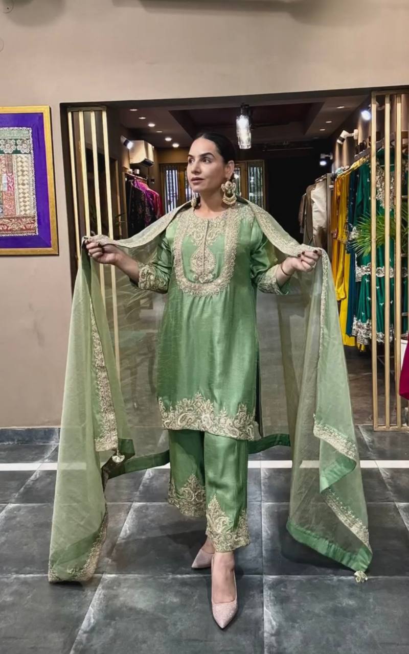 Graceful Pure Chinnon Silk Ensemble Showcasing Heavy All-Over Coding Sequin Embroidery Work