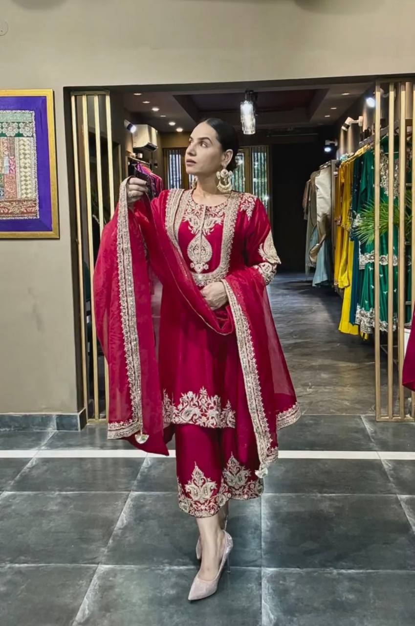 Graceful Pure Chinnon Silk Ensemble Showcasing Heavy All-Over Coding Sequin Embroidery Work