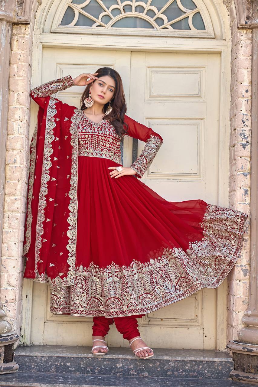 Elegant Party Wear Anarkali Gown in Faux Georgette with Embroidery and Dupatta