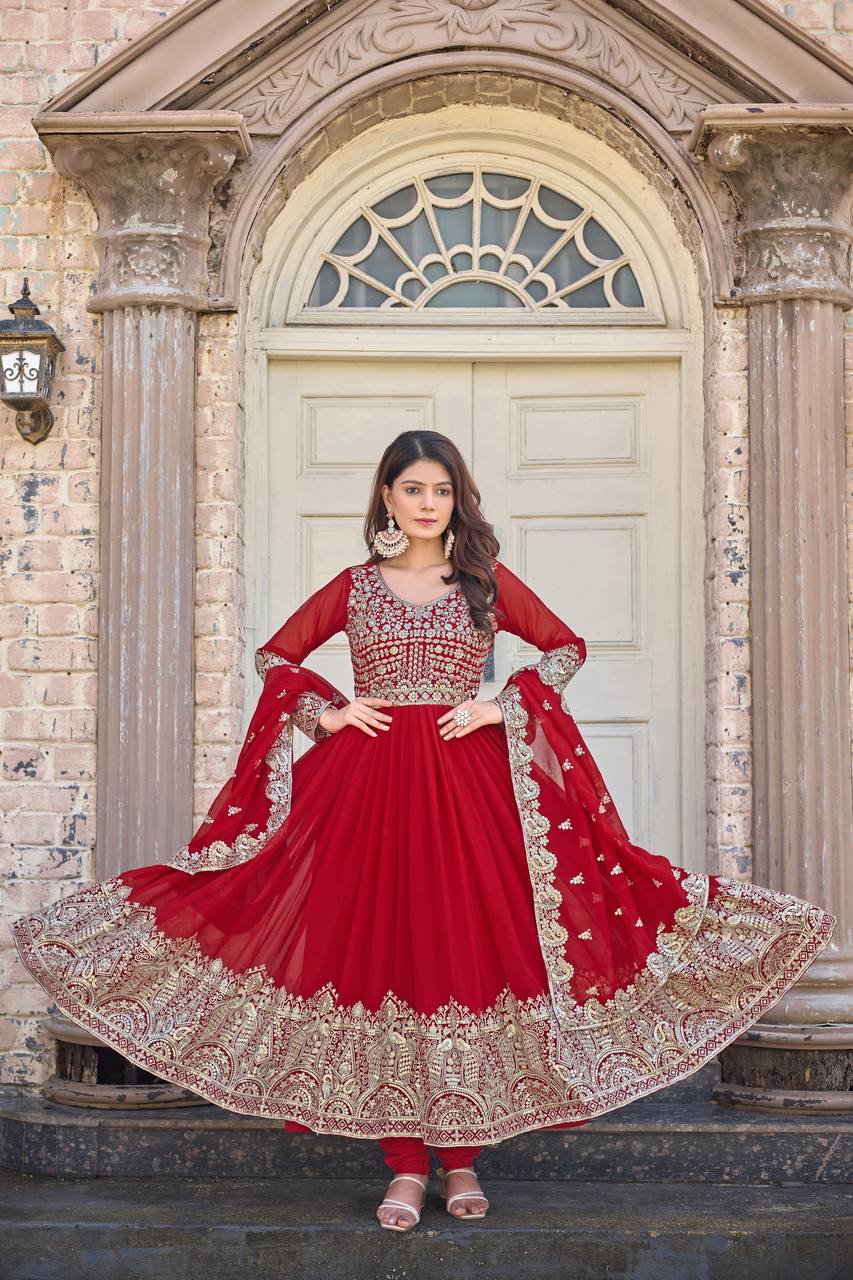 Elegant Party Wear Anarkali Gown in Faux Georgette with Embroidery and Dupatta