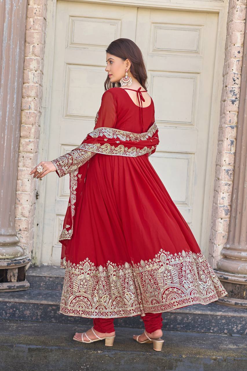 Elegant Party Wear Anarkali Gown in Faux Georgette with Embroidery and Dupatta