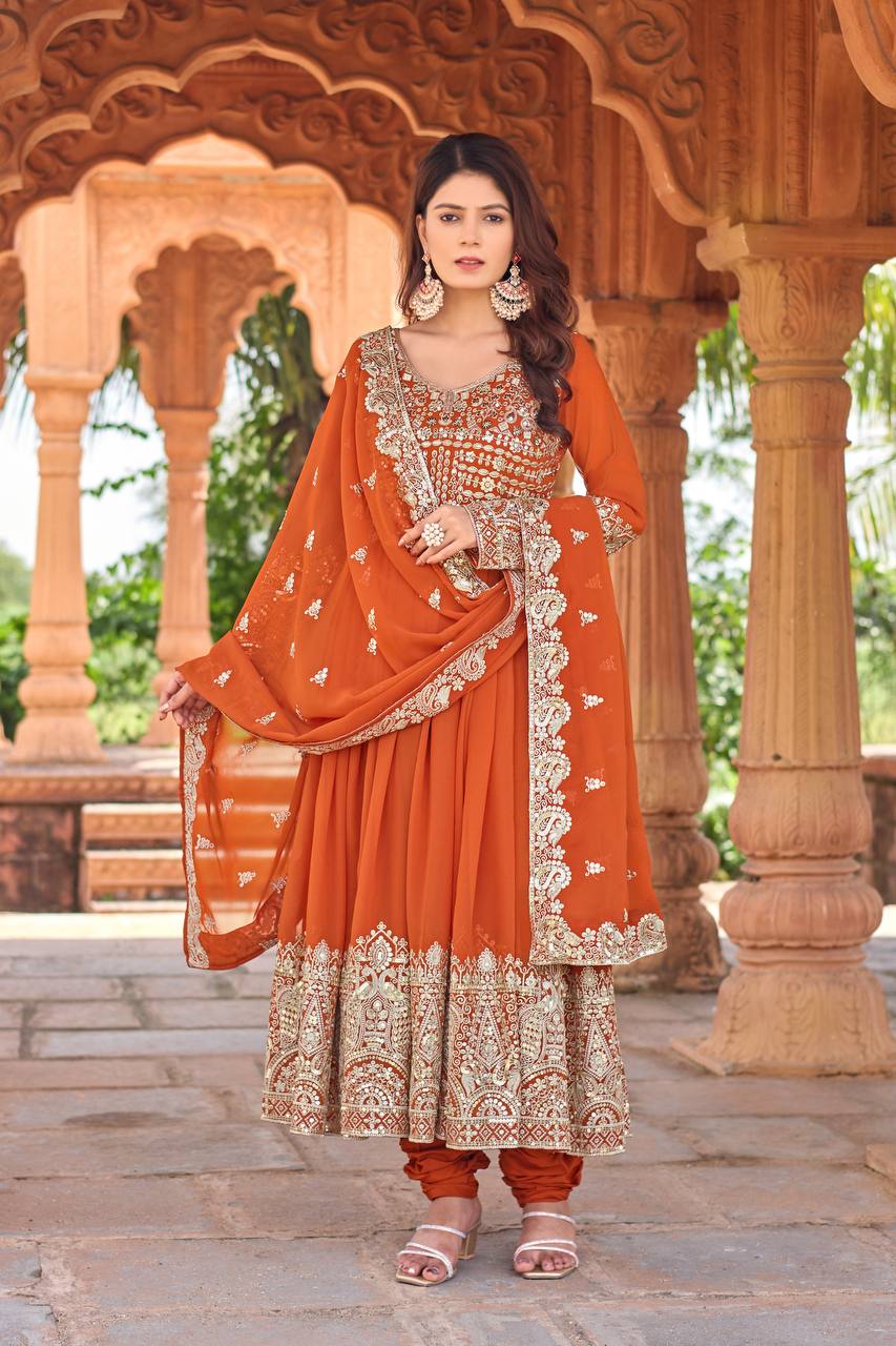 Elegant Party Wear Anarkali Gown in Faux Georgette with Embroidery and Dupatta