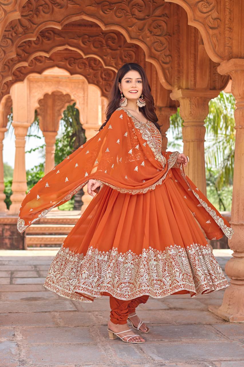 Elegant Party Wear Anarkali Gown in Faux Georgette with Embroidery and Dupatta