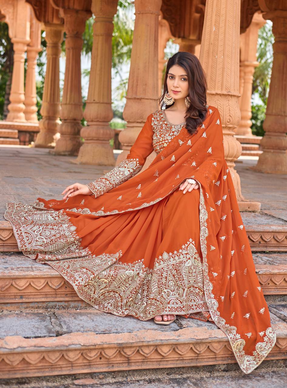 Elegant Party Wear Anarkali Gown in Faux Georgette with Embroidery and Dupatta