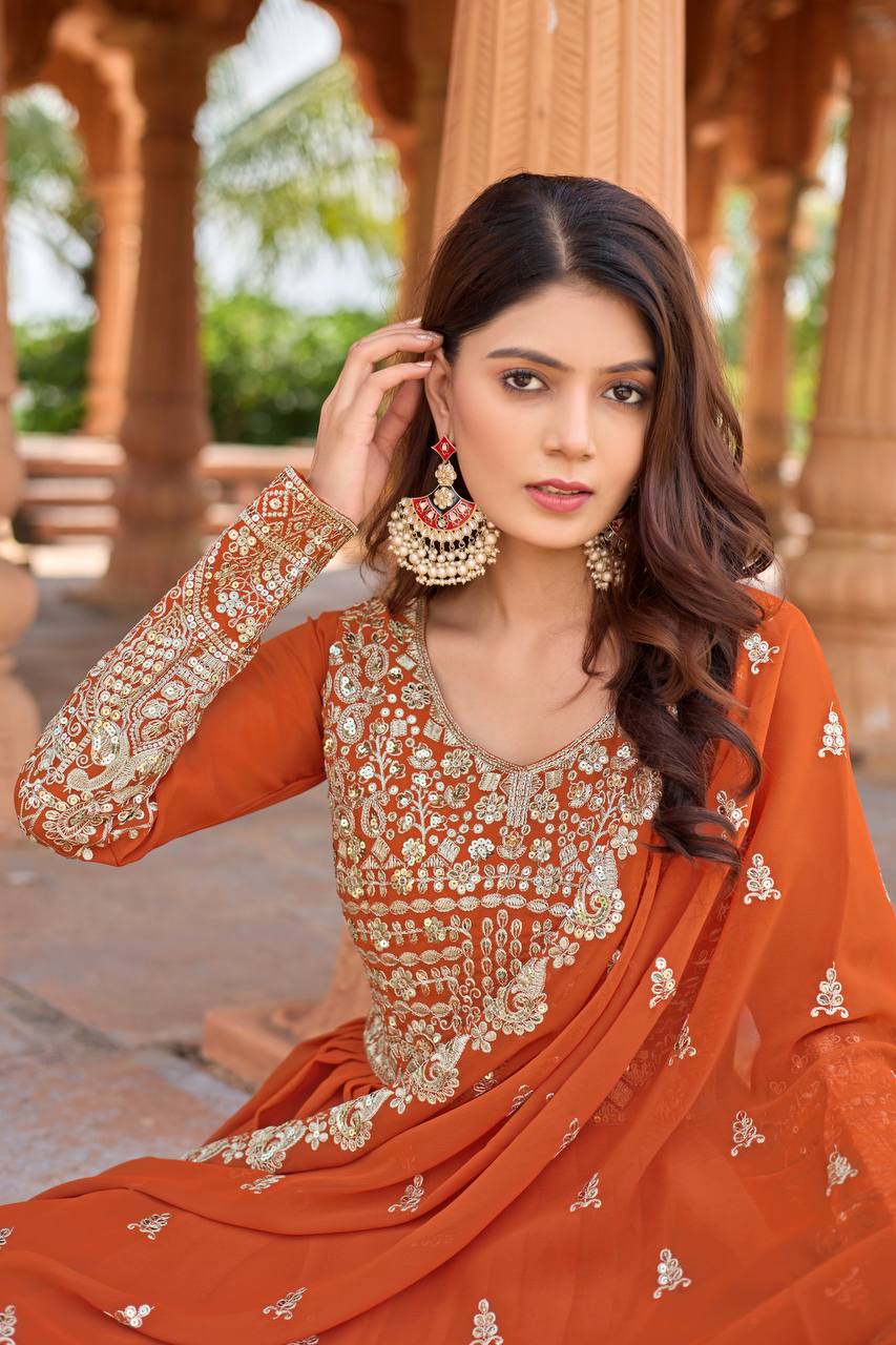 Elegant Party Wear Anarkali Gown in Faux Georgette with Embroidery and Dupatta