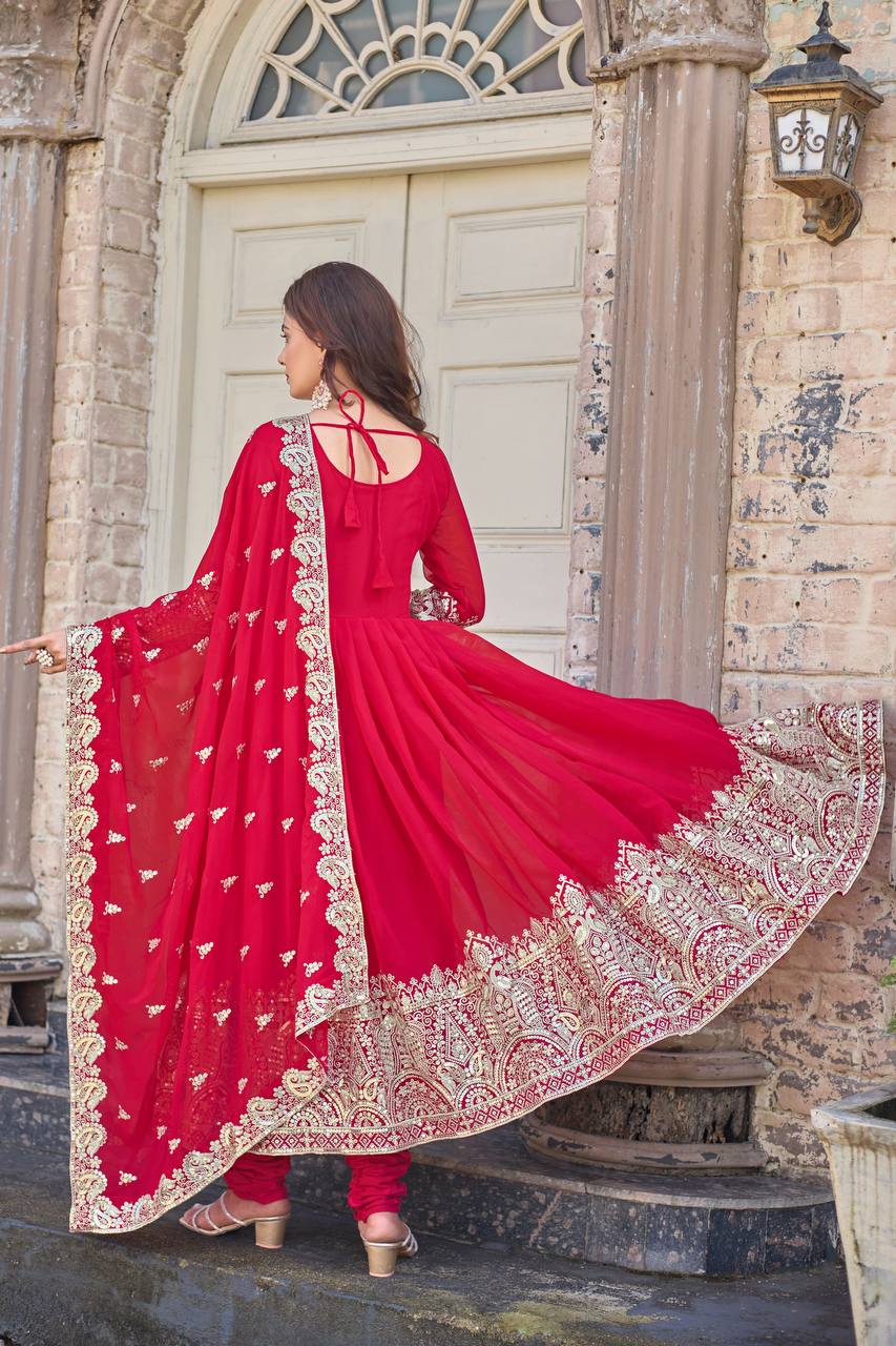Elegant Party Wear Anarkali Gown in Faux Georgette with Embroidery and Dupatta