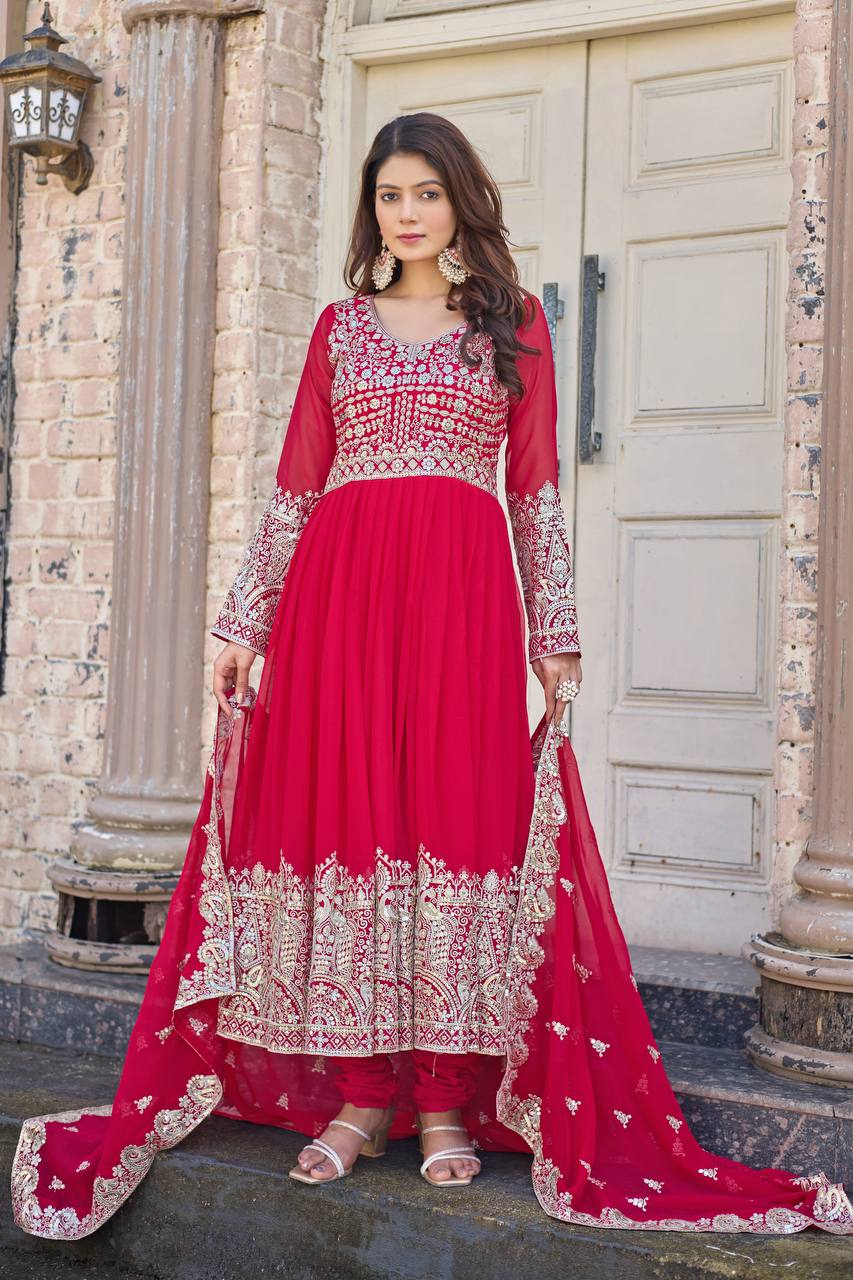 Elegant Party Wear Anarkali Gown in Faux Georgette with Embroidery and Dupatta