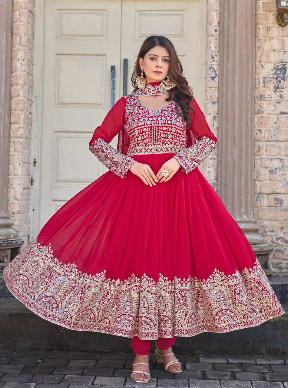 Elegant Party Wear Anarkali Gown in Faux Georgette with Embroidery and Dupatta