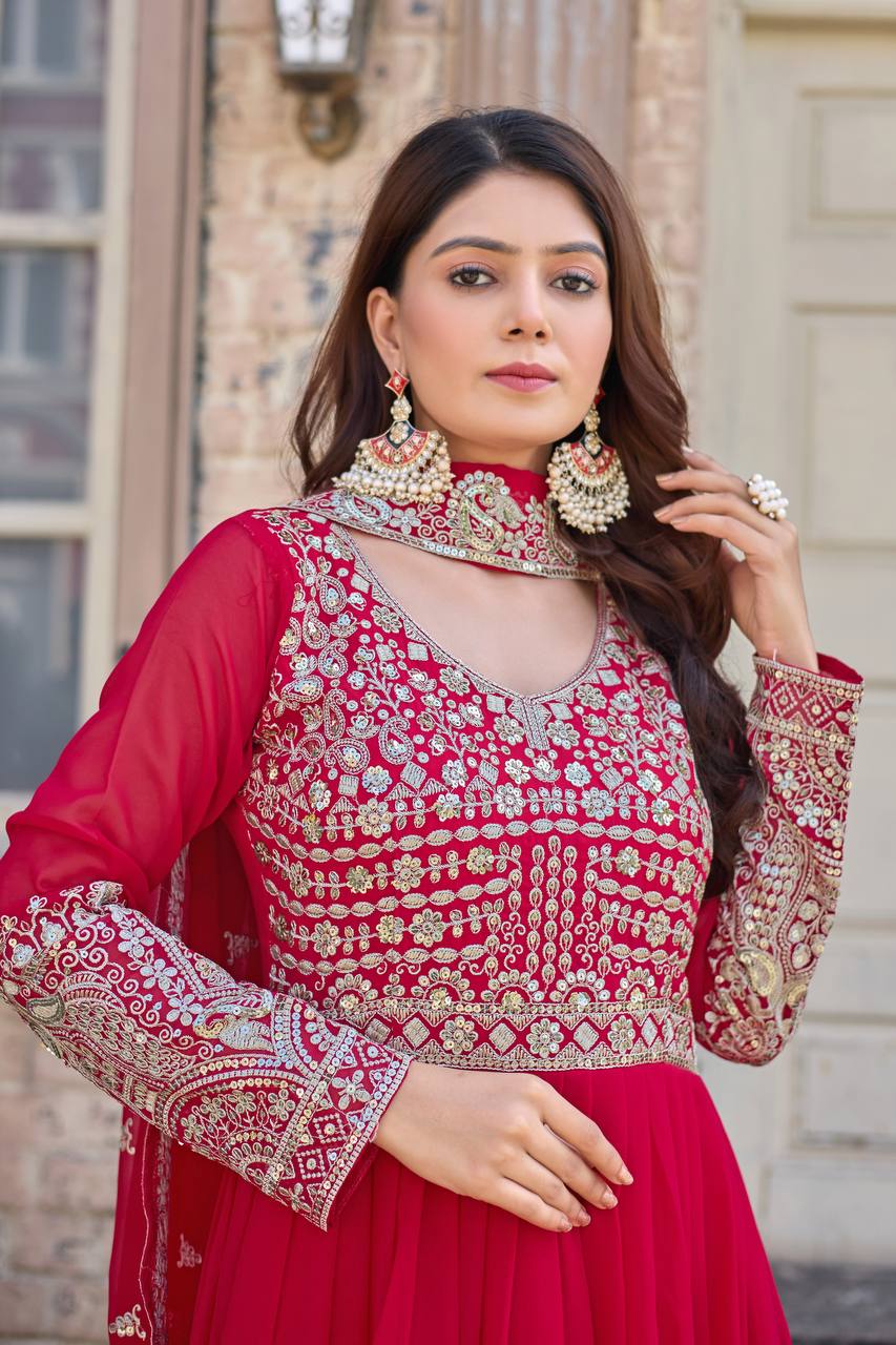 Elegant Party Wear Anarkali Gown in Faux Georgette with Embroidery and Dupatta