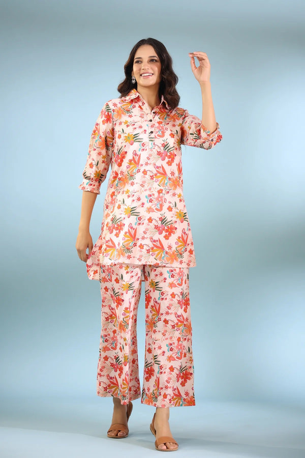 Bouquet On Collared Cotton Loungewear Set