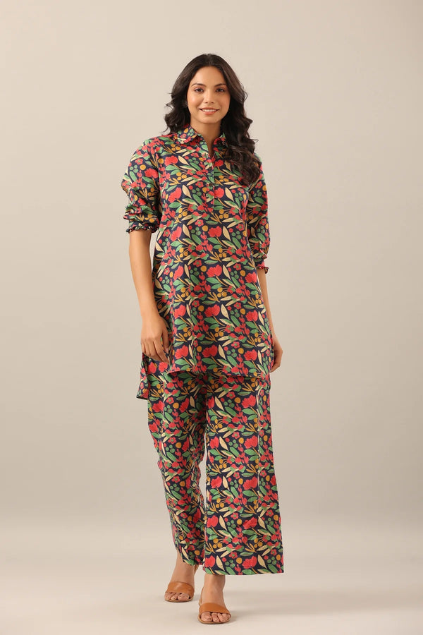 Women's Blue Organic Printed Pure Cotton Pyjama Top Night Suit Set