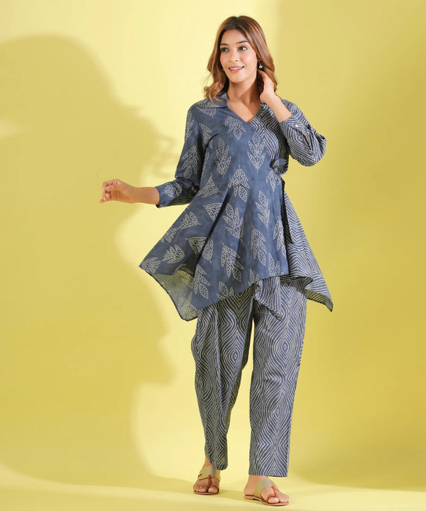 Women Leaf Print Top with Trousers Set