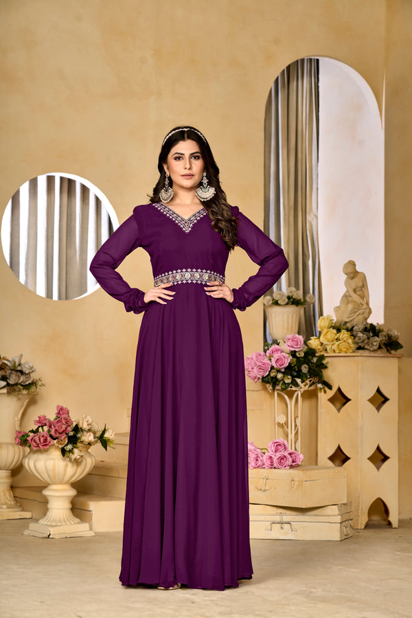 Georgette Wine Embroidered A-Line Party Wear Dress