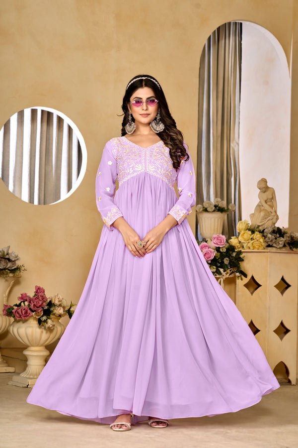 Label D11 Georgette Full Flair Embroidered Gown