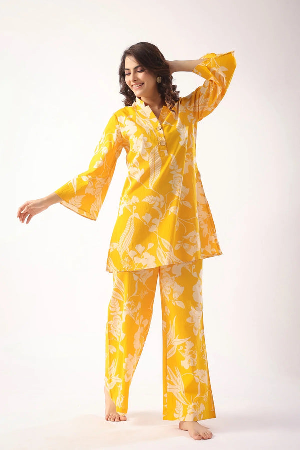 CORD SET MUSLIN TOP PANT CO ORD SET DESIGN NUMBER 1257 MUSLIN FABRIC COLOUR YELLOW BELL SLEEVE PATTERN PRINTED SIZE S TO XXL CORD SET