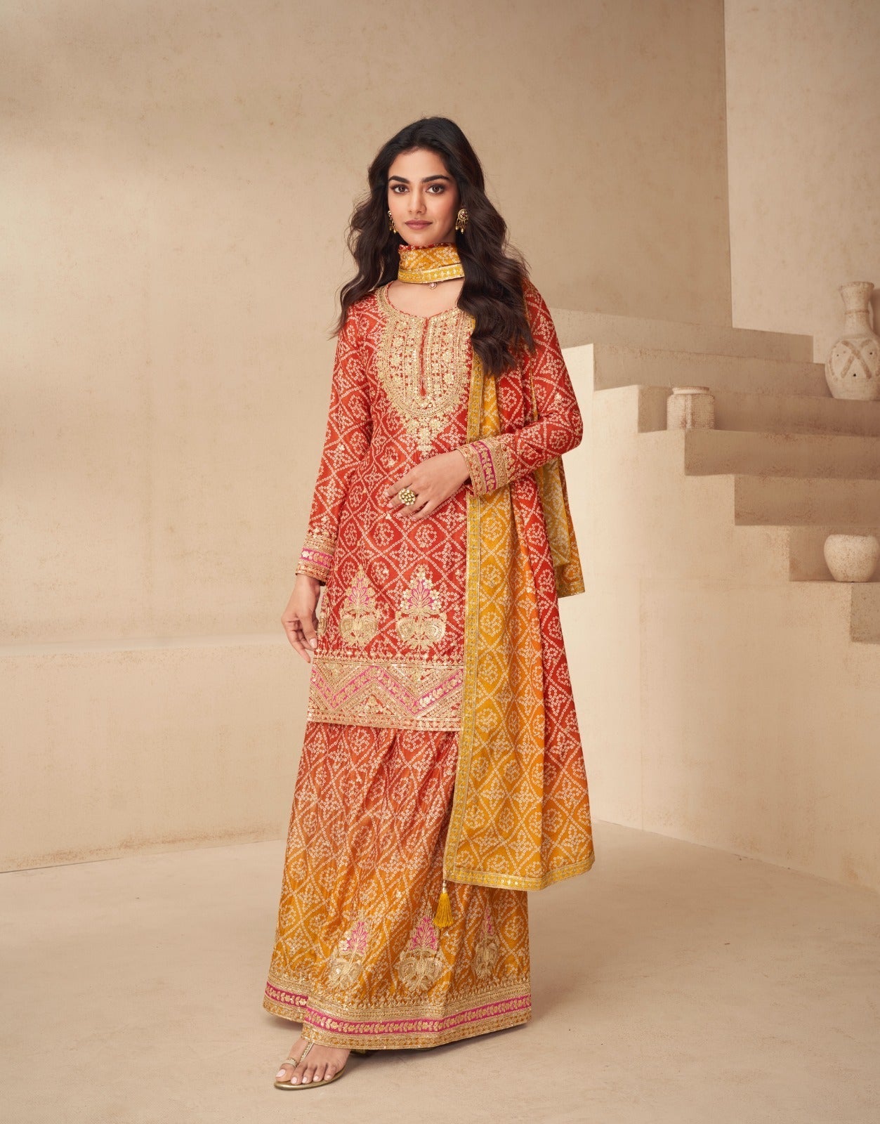 INDO ERA Bandhani Printed Zari Embroidered Stitched Suit Set - Jaipur Blossom