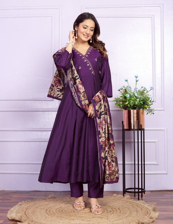 Elegant Dark Purple Silk Angrakha Neck Kurti Set with Printed Dupatta