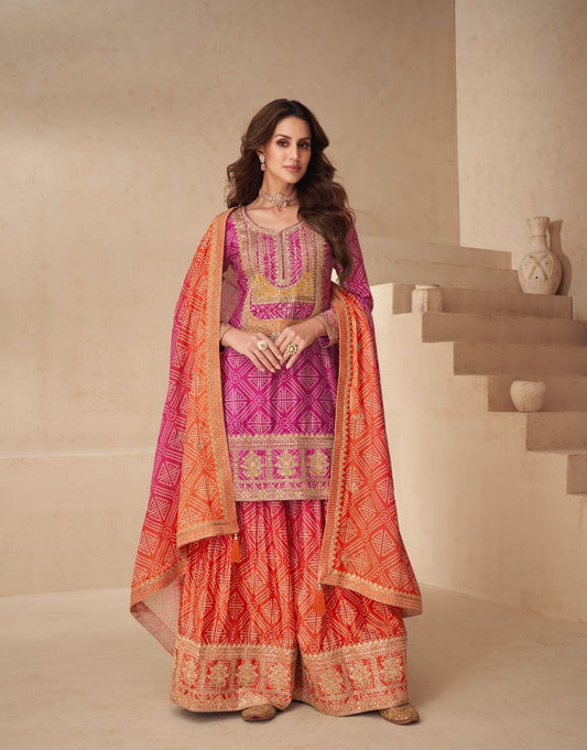 Coral Paradise Pink Sequins Embroidered Georgette Sharara Suit - Jaipur Blossom