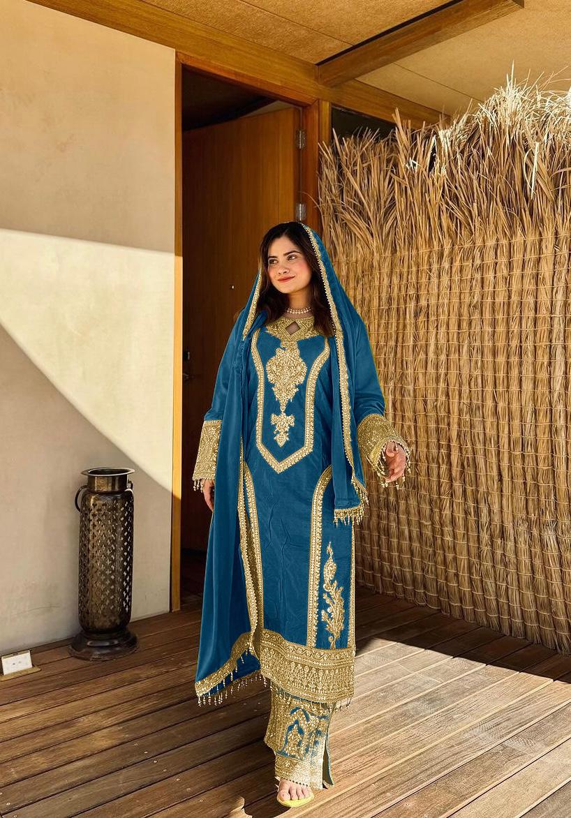 Chinon Silk Embroidered Work Salwar Suit - Jaipur Blossom