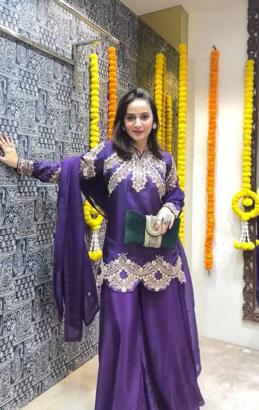 Purple Color Designer Palazzo Suit With Dupatta in Chinon With Sequence Embroidery - Jaipur Blossom