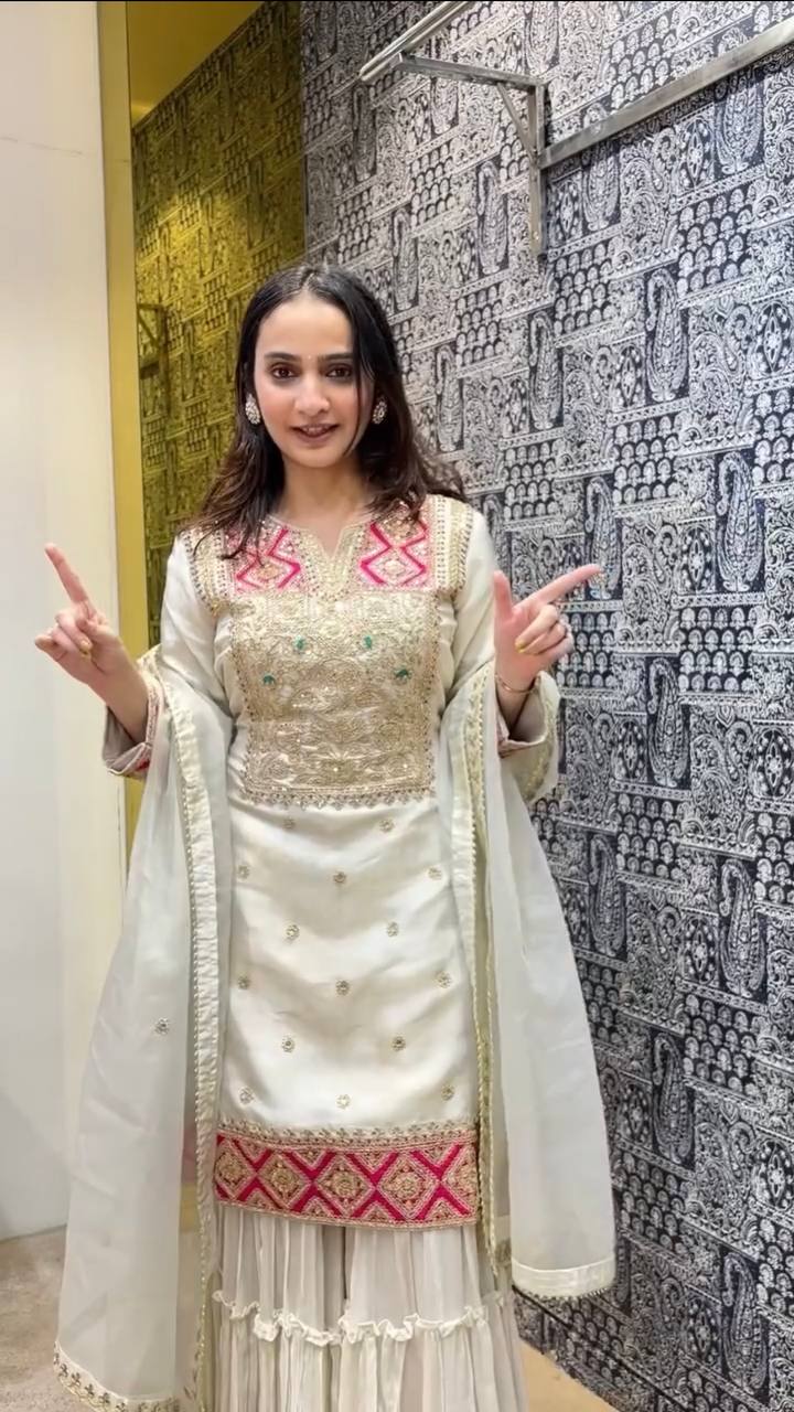 Off White Premium Designer Readymade Top Sharara Plazzo & Dupatta - Jaipur Blossom