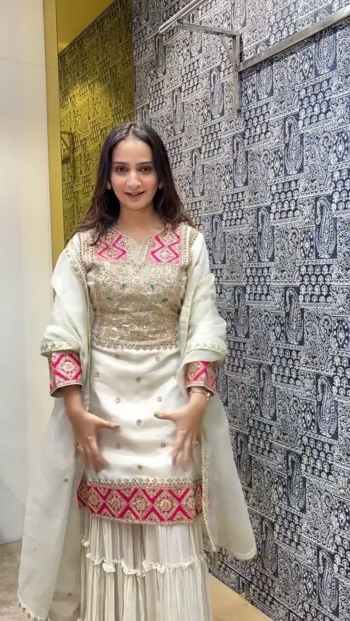 Off White Premium Designer Readymade Top Sharara Plazzo & Dupatta - Jaipur Blossom