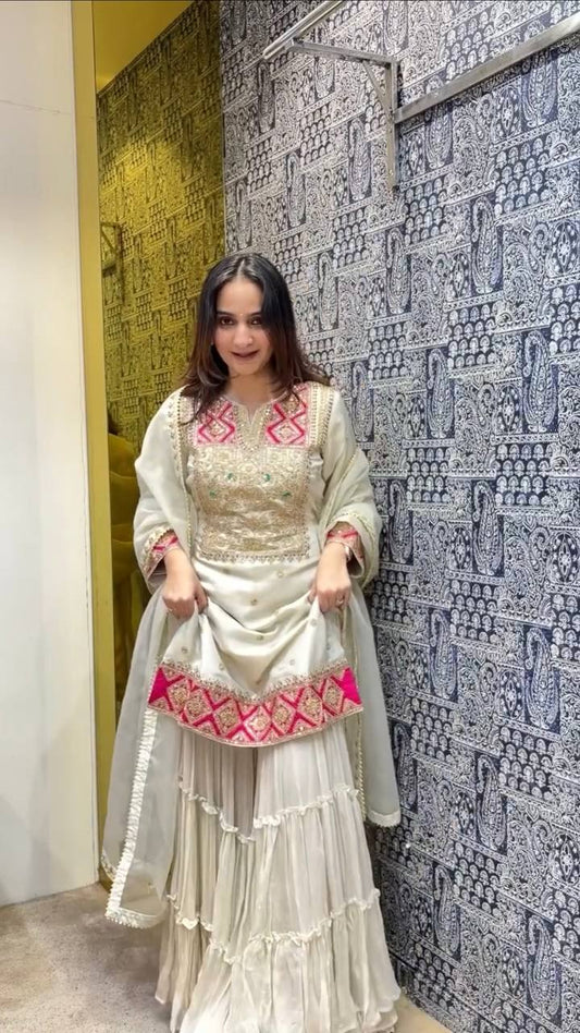 Off White Premium Designer Readymade Top Sharara Plazzo & Dupatta - Jaipur Blossom