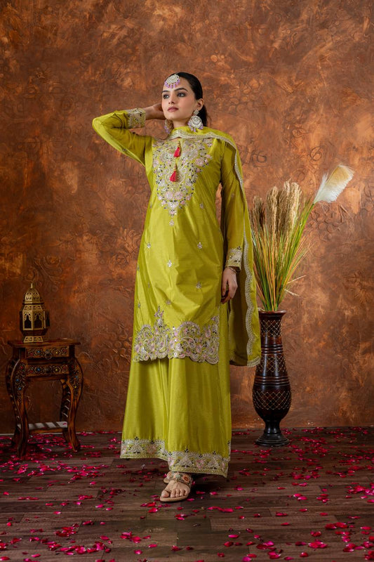 Party Wear Look Pur Chinon Silk Top Plazzo & Dupatta Set - Jaipur Blossom