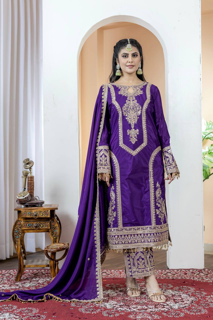 Chinon Silk Embroidered Work Salwar Suit - Jaipur Blossom