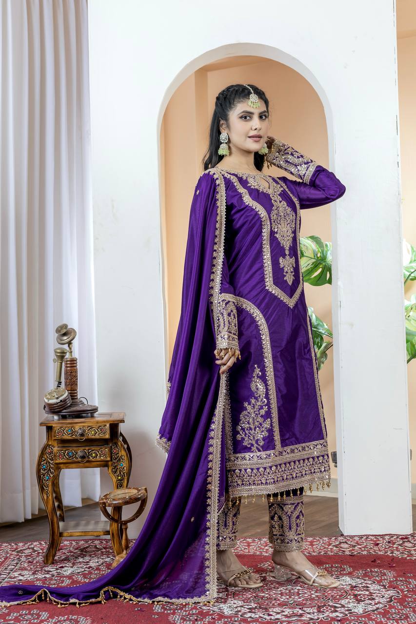 Chinon Silk Embroidered Work Salwar Suit - Jaipur Blossom