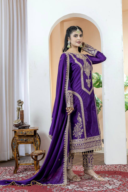 Chinon Silk Embroidered Work Salwar Suit - Jaipur Blossom