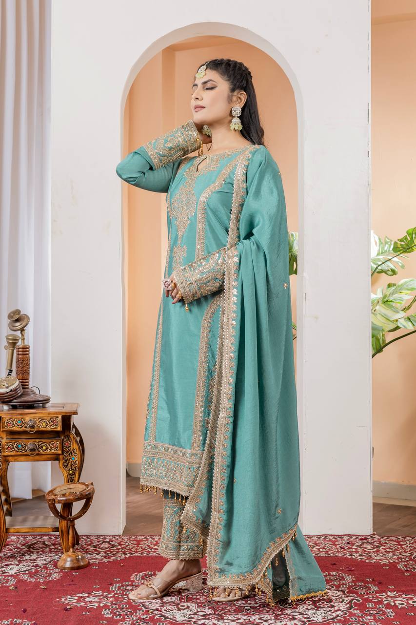 Chinon Silk Embroidered Work Salwar Suit - Jaipur Blossom