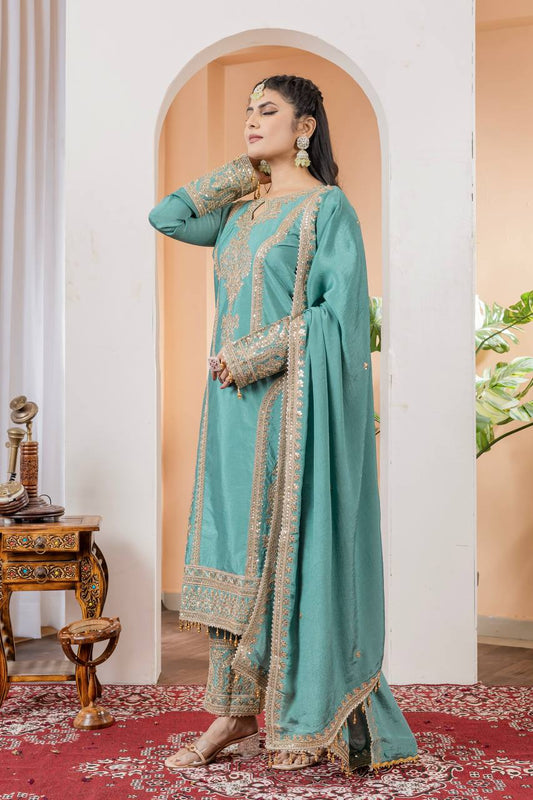 Chinon Silk Embroidered Work Salwar Suit - Jaipur Blossom