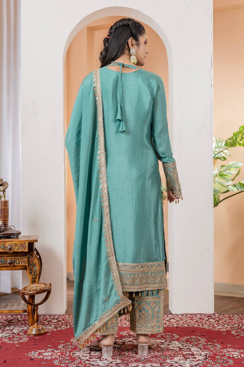 Chinon Silk Embroidered Work Salwar Suit - Jaipur Blossom