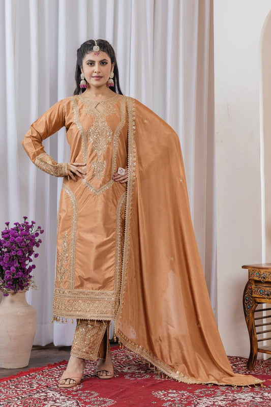 Chinon Silk Embroidered Work Salwar Suit - Jaipur Blossom