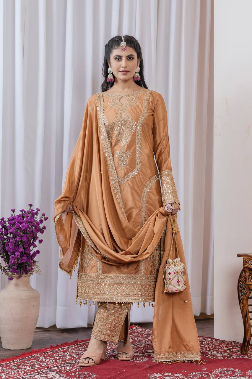 Chinon Silk Embroidered Work Salwar Suit - Jaipur Blossom