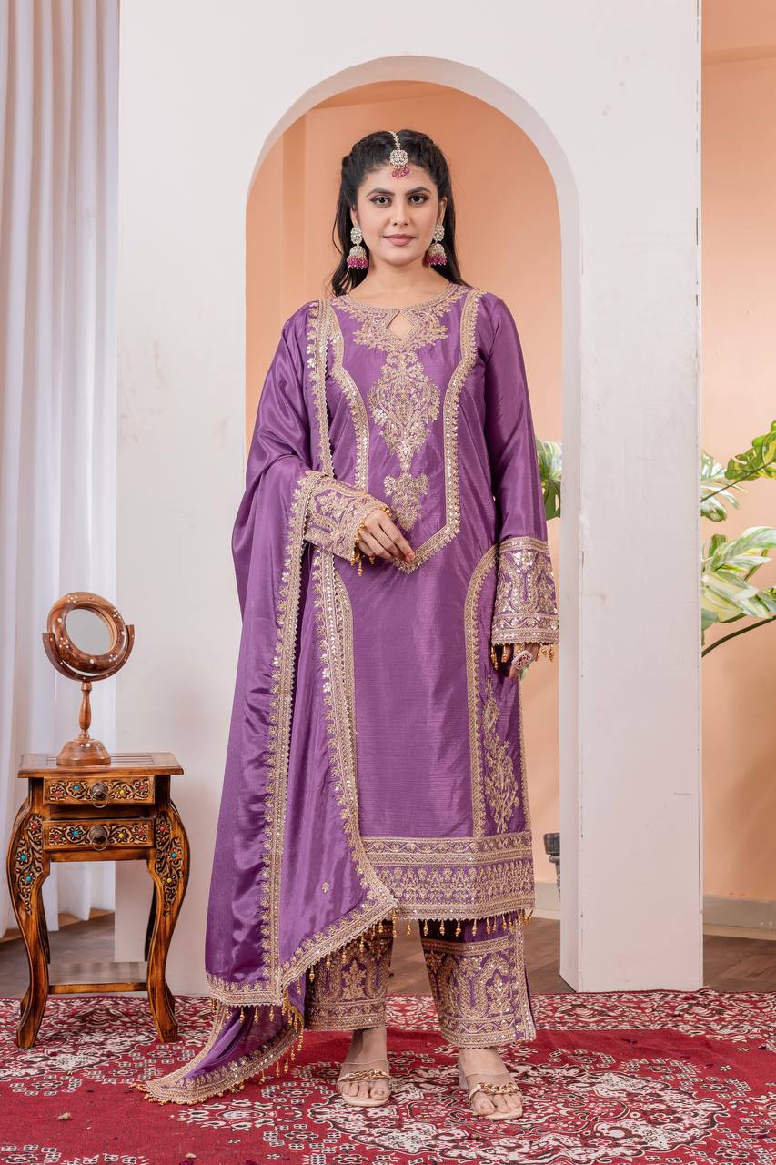 Chinon Silk Embroidered Work Salwar Suit - Jaipur Blossom