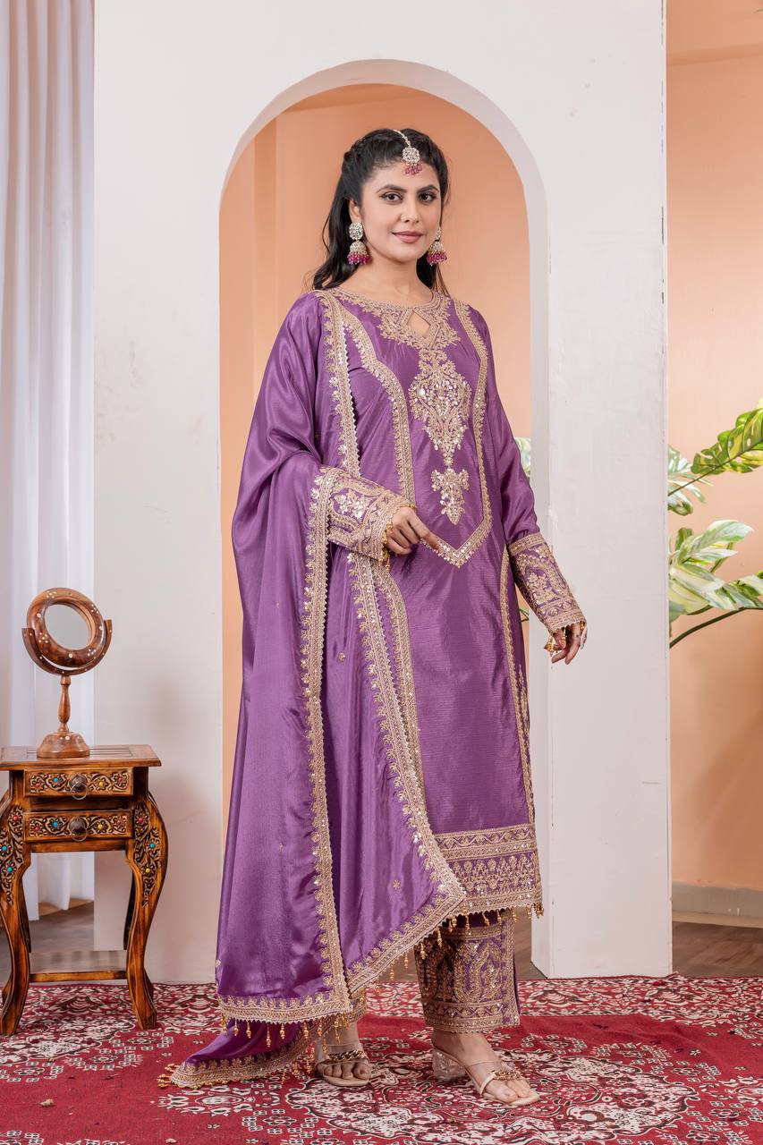 Chinon Silk Embroidered Work Salwar Suit - Jaipur Blossom