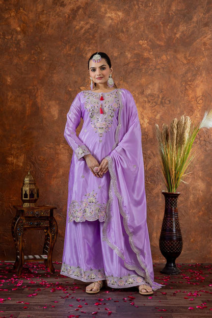 Party Wear Look Pur Chinon Silk Top Plazzo & Dupatta Set - Jaipur Blossom