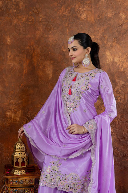 Party Wear Look Pur Chinon Silk Top Plazzo & Dupatta Set - Jaipur Blossom