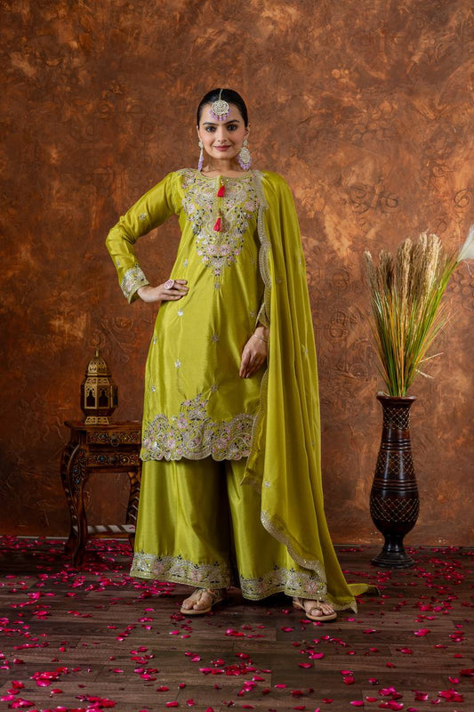 Party Wear Look Pur Chinon Silk Top Plazzo & Dupatta Set - Jaipur Blossom